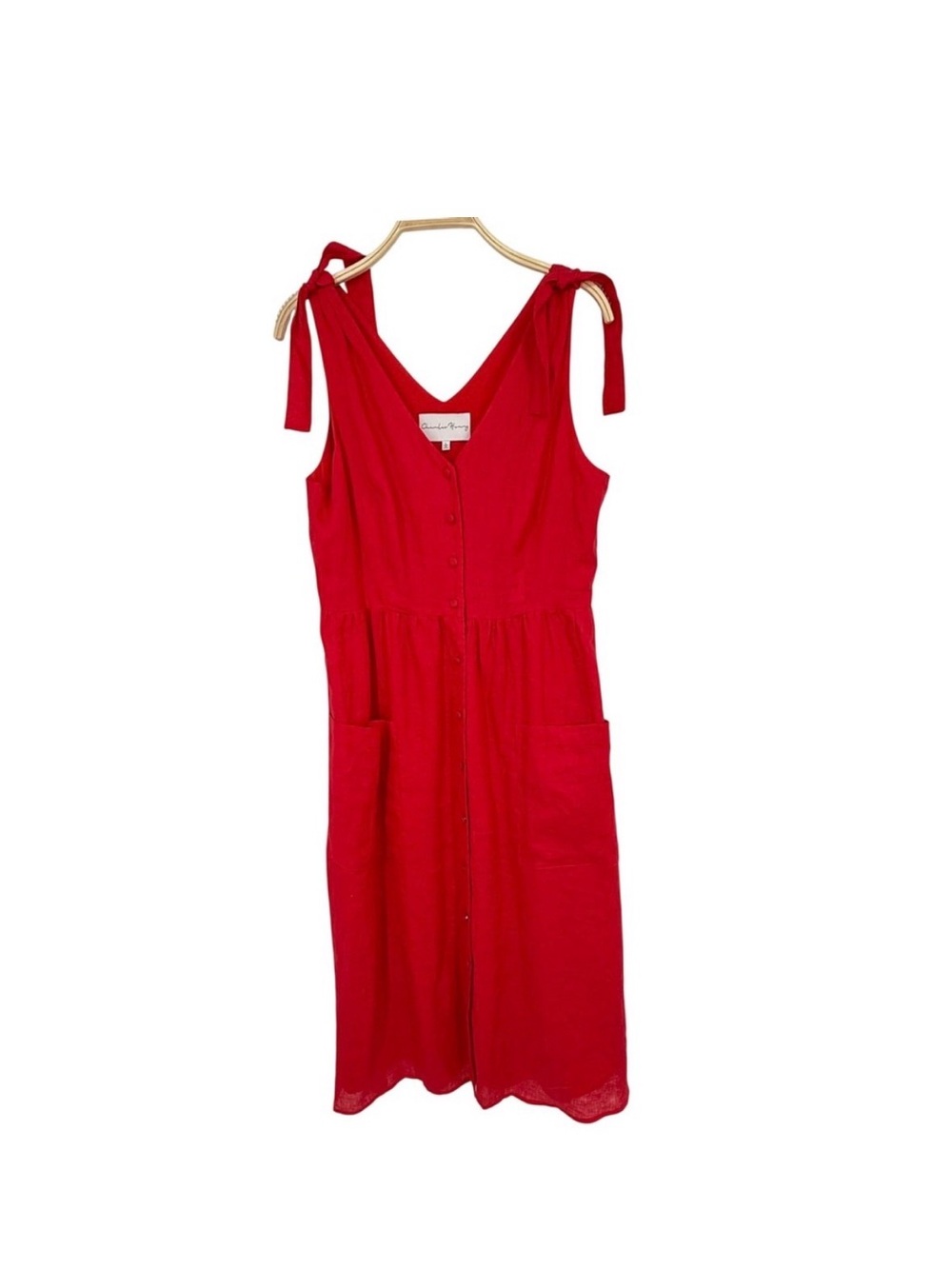 Charles Henry Midi Dress Womens Large Red Linen Tie Shoulder Button Front